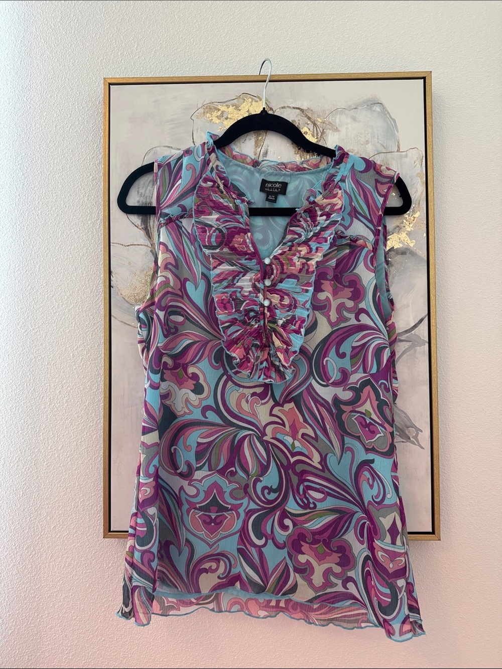 6/14 Nicole Miller Aqua and Purple Ruffle Front Sleeveless Camisole